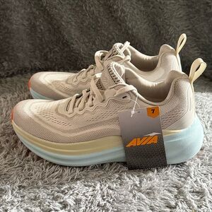 Avia Women's Cream and Light Blue Athletic Sneakers with Orange Accents 7 New